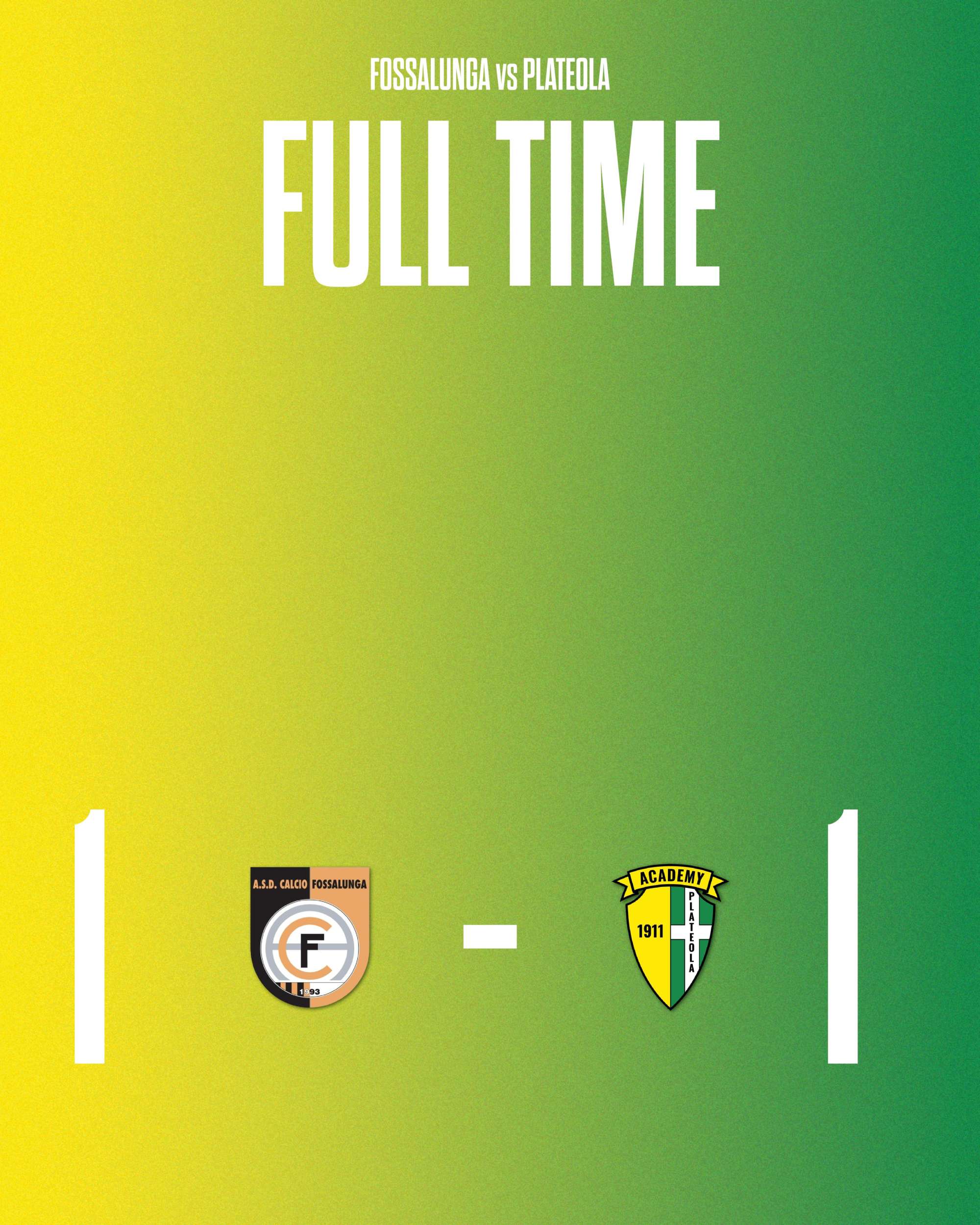 PRIMA CATEGORIA – 1ª GIORNATA  Fossalunga 1 – 1 Academy Plateola 1911 