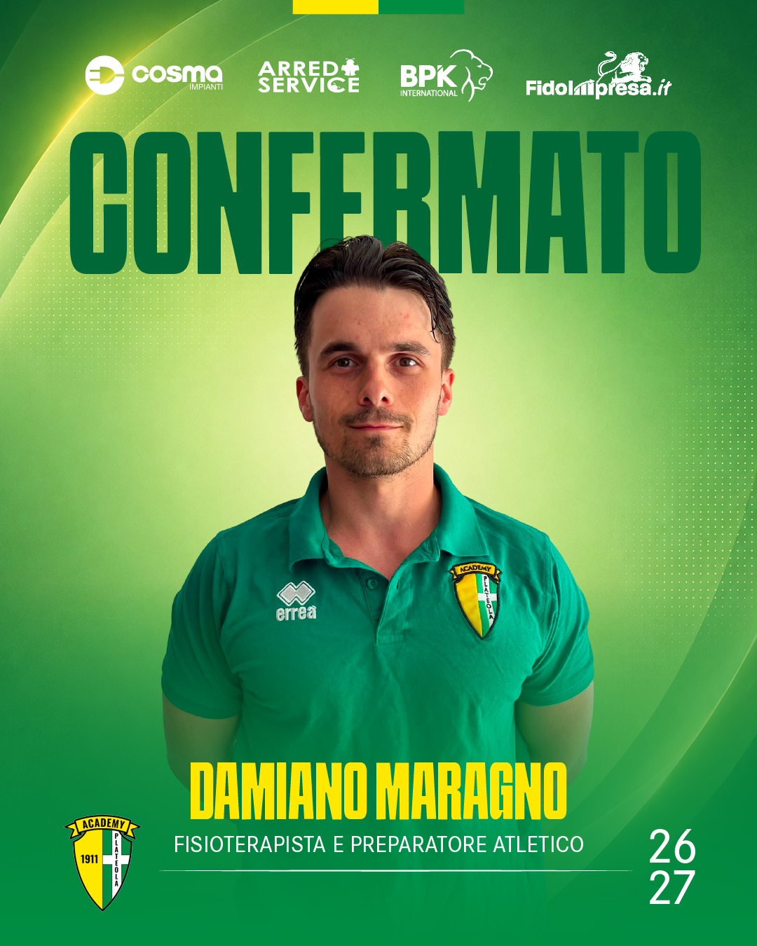 DAMIANO MARAGNO CONFERMATO FISIOTERAPISTA & PREPARATORE ATLETICO STAGIONE 2026/2027