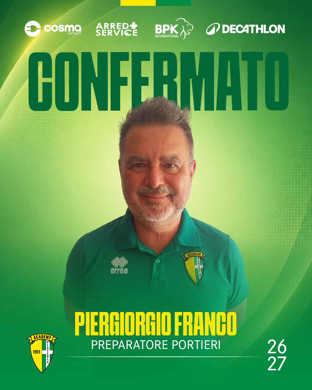 PIERGIORGIO FRANCO CONFERMATO PREPARATORE DEI PORTIERI STAGIONE 2026/2027