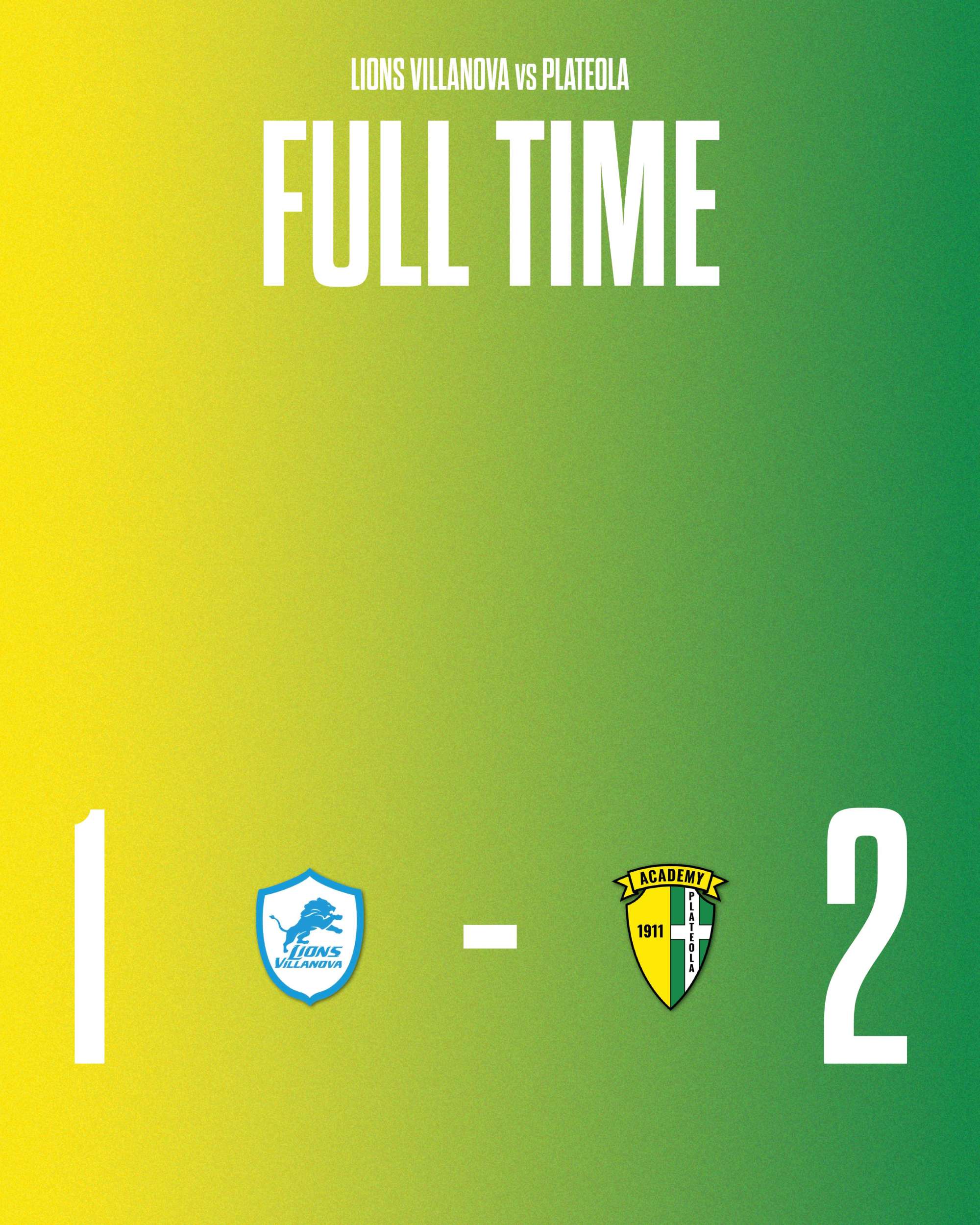 PRIMA CATEGORIA – 6ª GIORNATA  Lions Villanova 1 - 2 Academy Plateola 1911